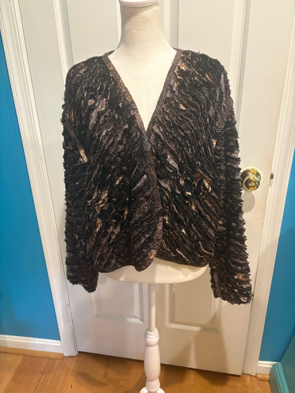 Art wear chenille double sided jacket giraffe elephant African print brown M L